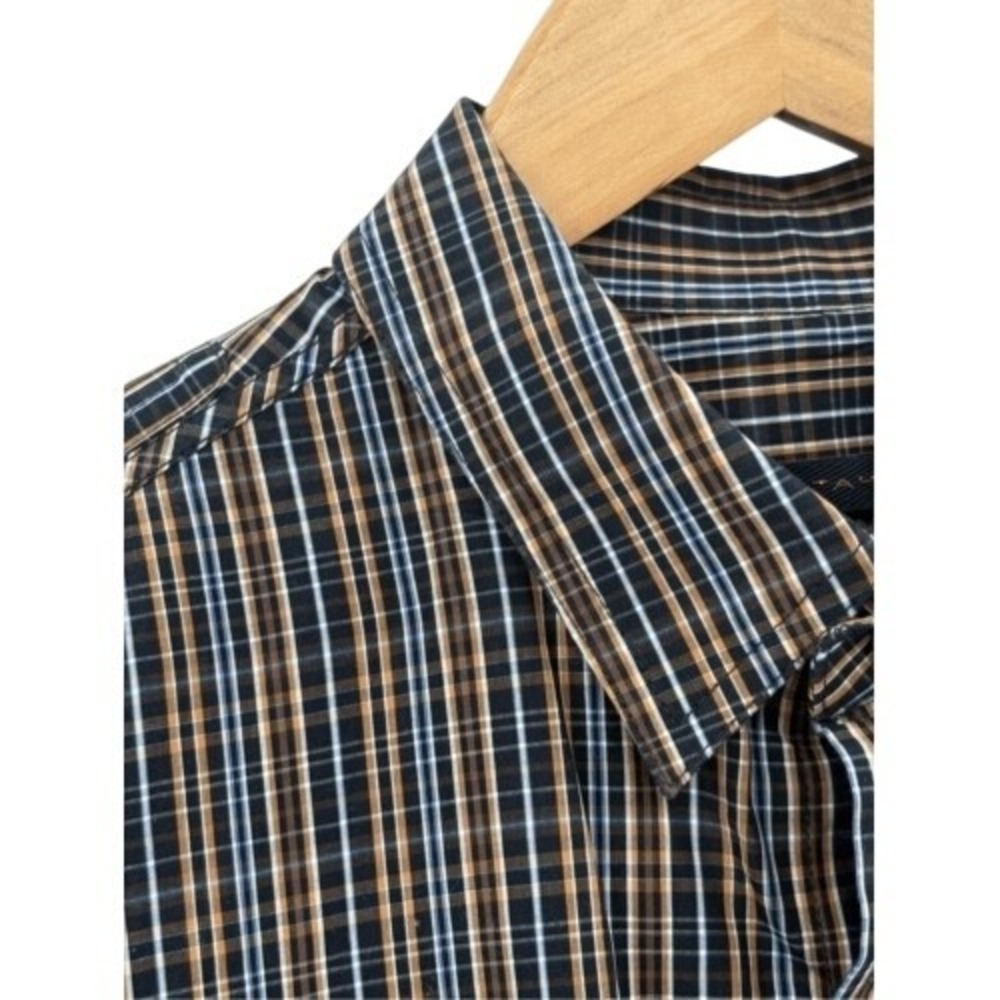 Elie Tahari Button Up Shirt Men Size Medium Brown Blue Black Plaid Long Sleeve